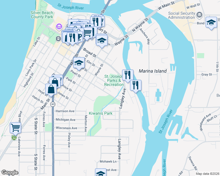 map of restaurants, bars, coffee shops, grocery stores, and more near 1221 Guernsey Court in St. Joseph