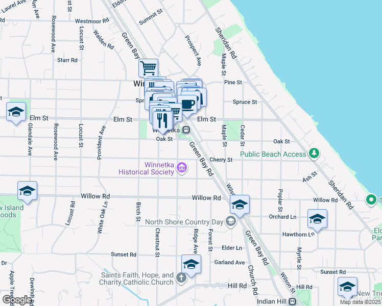 map of restaurants, bars, coffee shops, grocery stores, and more near 464 Green Bay Road in Winnetka