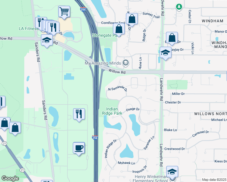 map of restaurants, bars, coffee shops, grocery stores, and more near 4511 North Seminole Drive in Glenview