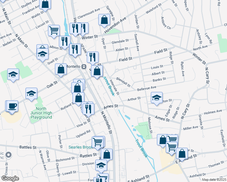 map of restaurants, bars, coffee shops, grocery stores, and more near 50 Intervale Street in Brockton
