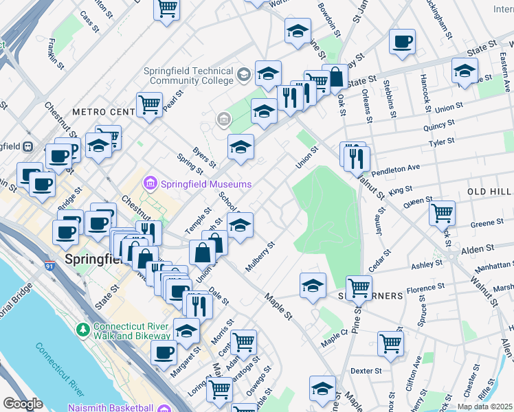 map of restaurants, bars, coffee shops, grocery stores, and more near 310 Union Street in Springfield