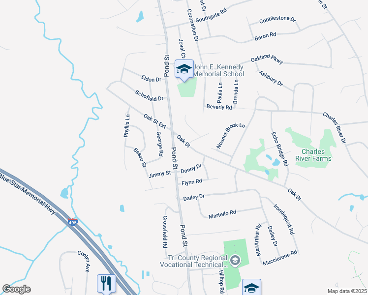 map of restaurants, bars, coffee shops, grocery stores, and more near 676 Oak Street in Franklin