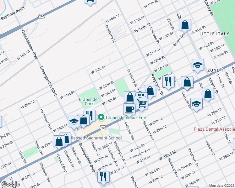 map of restaurants, bars, coffee shops, grocery stores, and more near 1308 West 24th Street in Erie