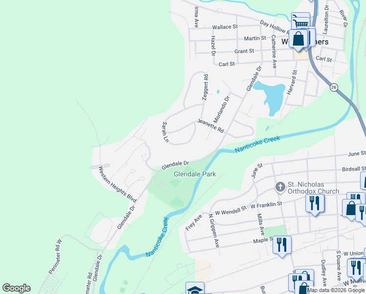 map of restaurants, bars, coffee shops, grocery stores, and more near 1026 Sarah Lane in Endicott