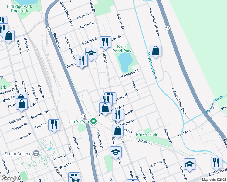 map of restaurants, bars, coffee shops, grocery stores, and more near 956 Lake Street in Elmira