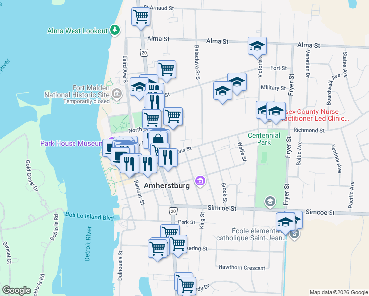map of restaurants, bars, coffee shops, grocery stores, and more near 168 Richmond Street in Amherstburg