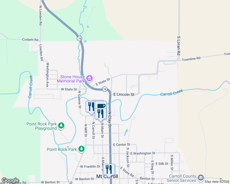 map of restaurants, bars, coffee shops, grocery stores, and more near 1-73 E Lincoln St in Mt Carroll