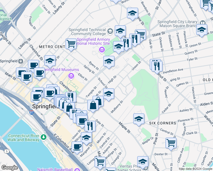 map of restaurants, bars, coffee shops, grocery stores, and more near 57 School Street in Springfield