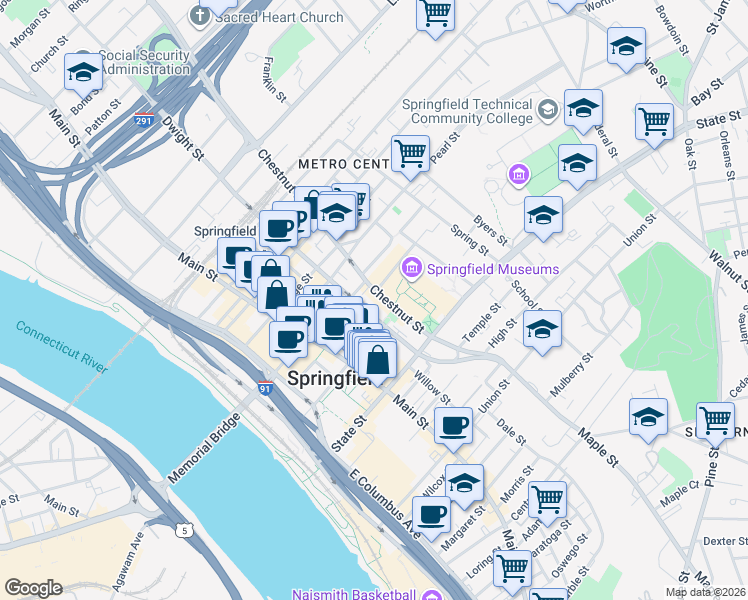 map of restaurants, bars, coffee shops, grocery stores, and more near 115-185 Dwight Street in Springfield