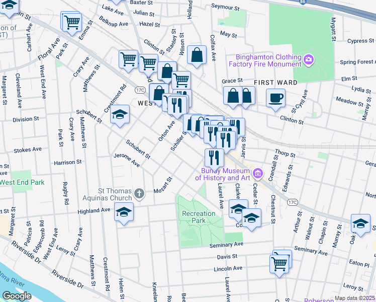 map of restaurants, bars, coffee shops, grocery stores, and more near 34 Haendel Street in Binghamton