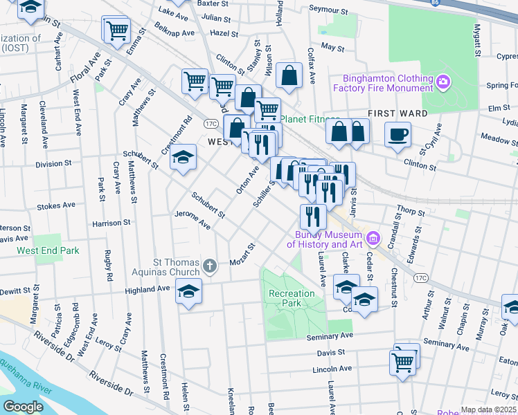 map of restaurants, bars, coffee shops, grocery stores, and more near 29 Schiller Street in Binghamton