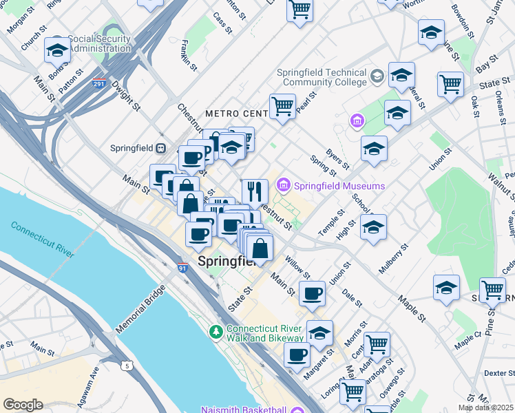 map of restaurants, bars, coffee shops, grocery stores, and more near 70 Chestnut Street in Springfield