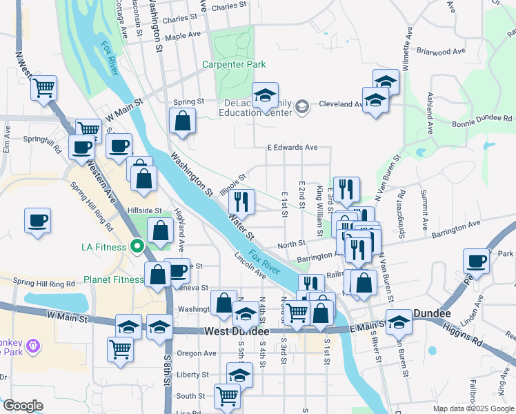 map of restaurants, bars, coffee shops, grocery stores, and more near 15 Wenholz Avenue in East Dundee