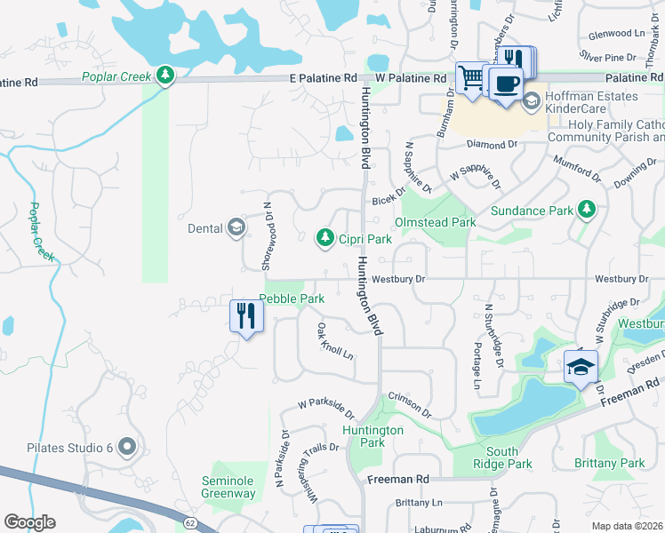 map of restaurants, bars, coffee shops, grocery stores, and more near 1750 Westbury Drive in Hoffman Estates