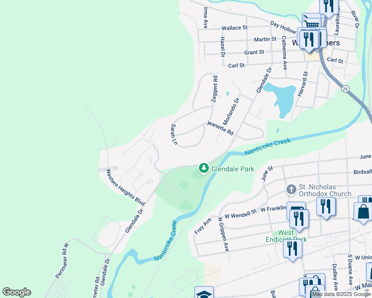 map of restaurants, bars, coffee shops, grocery stores, and more near 1026 Sarah Lane in Endicott