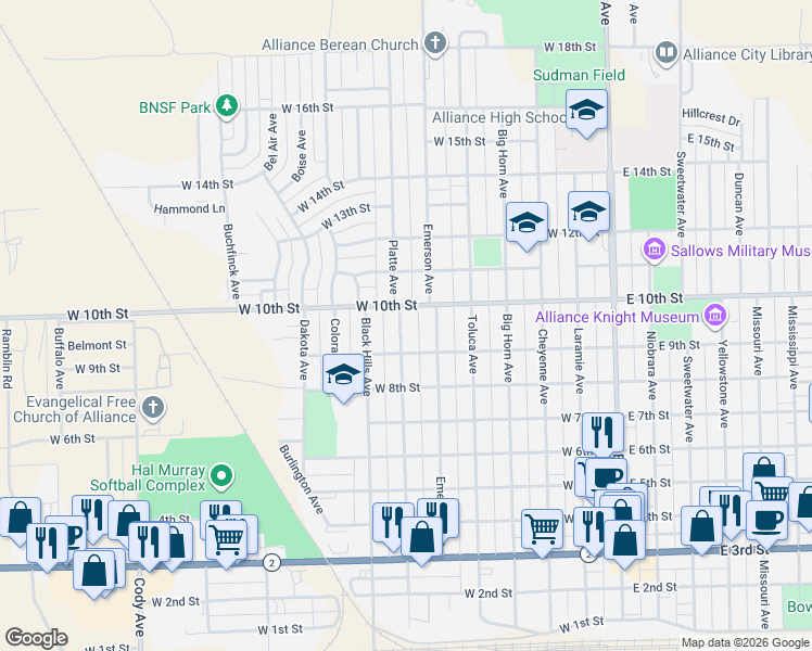 map of restaurants, bars, coffee shops, grocery stores, and more near 931 Platte Avenue in Alliance