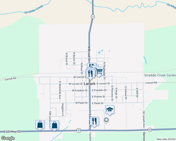 map of restaurants, bars, coffee shops, grocery stores, and more near Tower Street in Lanark