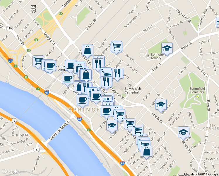 map of restaurants, bars, coffee shops, grocery stores, and more near 115-185 Dwight Street in Springfield