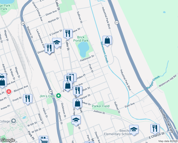 map of restaurants, bars, coffee shops, grocery stores, and more near 711 Linden Place in Elmira