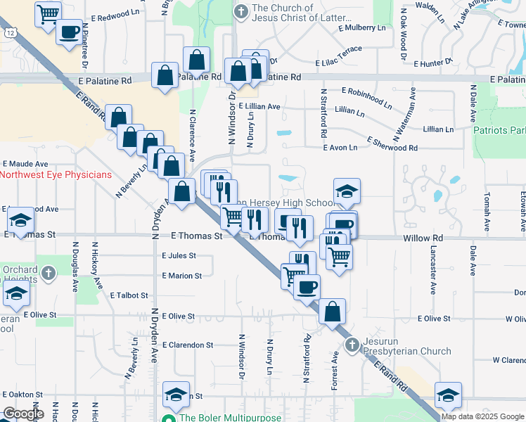 map of restaurants, bars, coffee shops, grocery stores, and more near 1505 North Windsor Drive in Arlington Heights