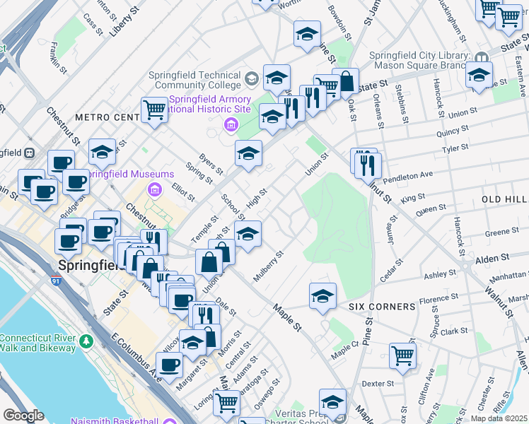 map of restaurants, bars, coffee shops, grocery stores, and more near 308-314 Union Street in Springfield