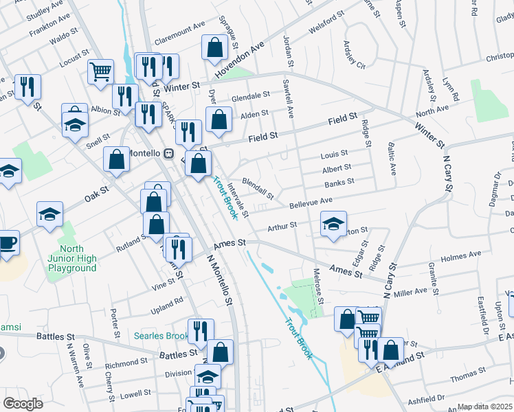 map of restaurants, bars, coffee shops, grocery stores, and more near 19 Bellevue Avenue in Brockton