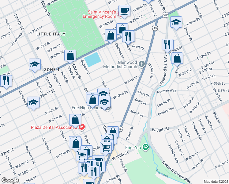 map of restaurants, bars, coffee shops, grocery stores, and more near 444 West 32nd Street in Erie