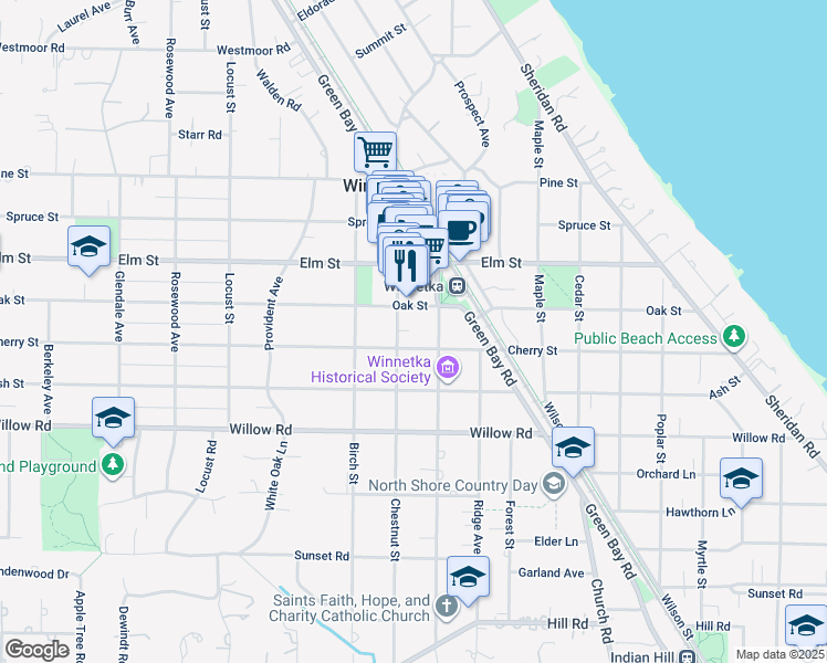 map of restaurants, bars, coffee shops, grocery stores, and more near 455 Chestnut Street in Winnetka