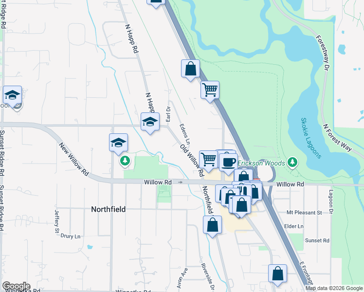 map of restaurants, bars, coffee shops, grocery stores, and more near 1885 Old Willow Road in Northfield