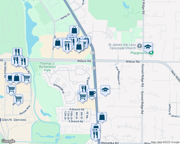map of restaurants, bars, coffee shops, grocery stores, and more near 2680 Summit Drive in Glenview