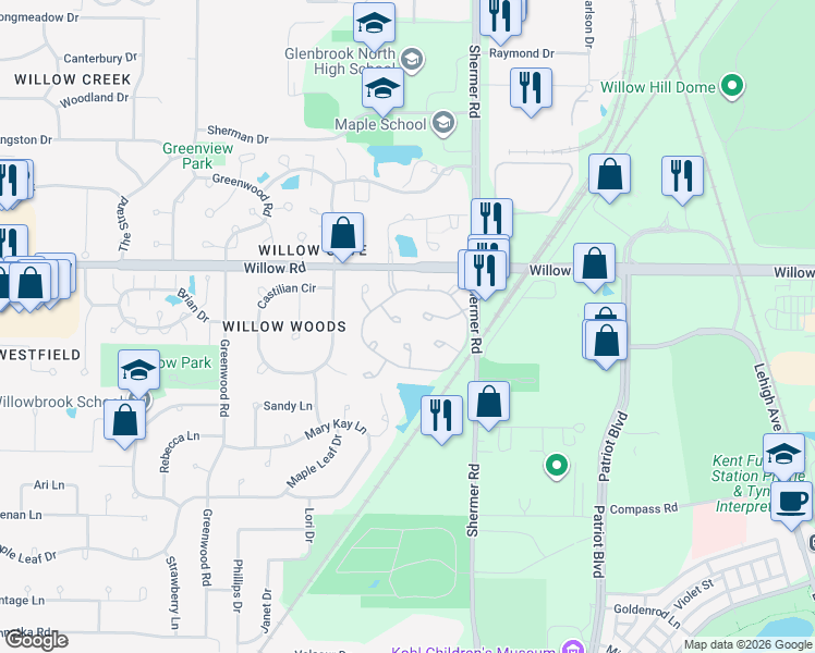 map of restaurants, bars, coffee shops, grocery stores, and more near 116 Dartmouth Court in Glenview