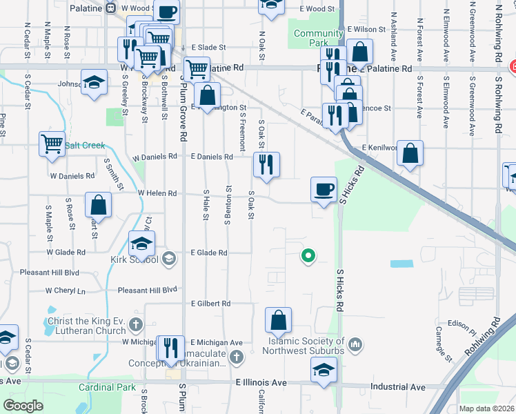 map of restaurants, bars, coffee shops, grocery stores, and more near 324 South Oak Street in Palatine