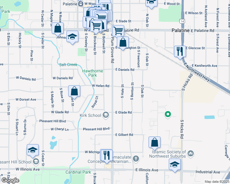 map of restaurants, bars, coffee shops, grocery stores, and more near 336 Plum Grove Road in Palatine