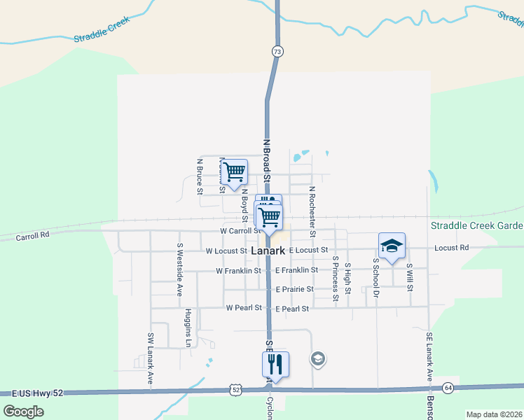 map of restaurants, bars, coffee shops, grocery stores, and more near Tower Street in Lanark