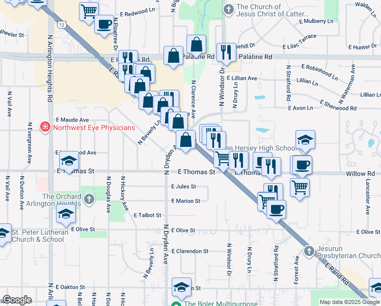 map of restaurants, bars, coffee shops, grocery stores, and more near 1211 East Rand Road in Arlington Heights