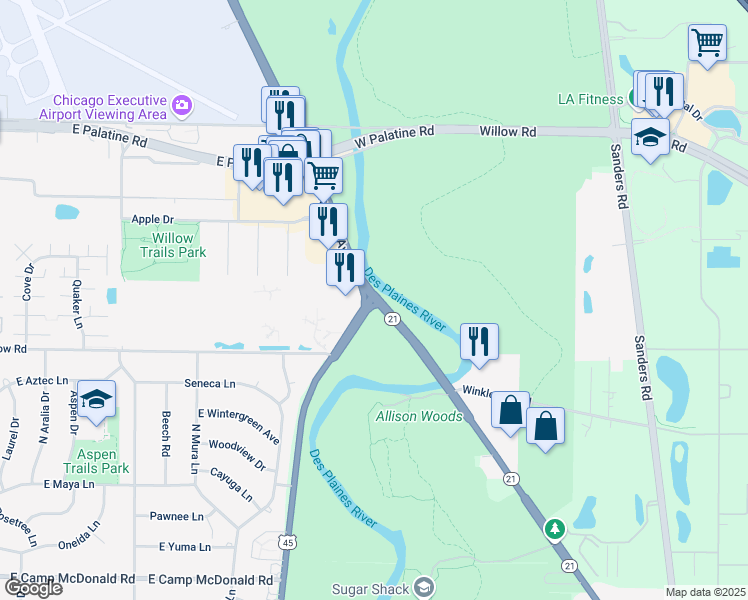 map of restaurants, bars, coffee shops, grocery stores, and more near Milwaukee Ave & River Rd in Prospect Heights