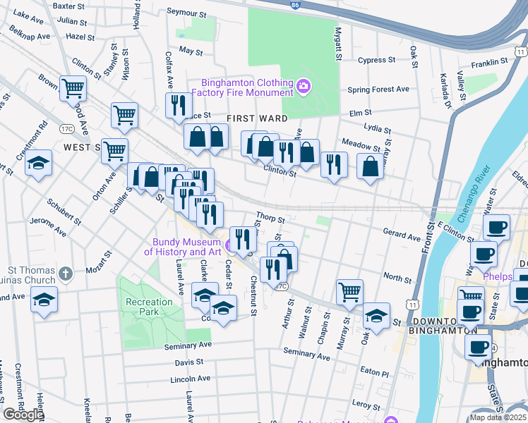map of restaurants, bars, coffee shops, grocery stores, and more near 17 Crandall Street in Binghamton