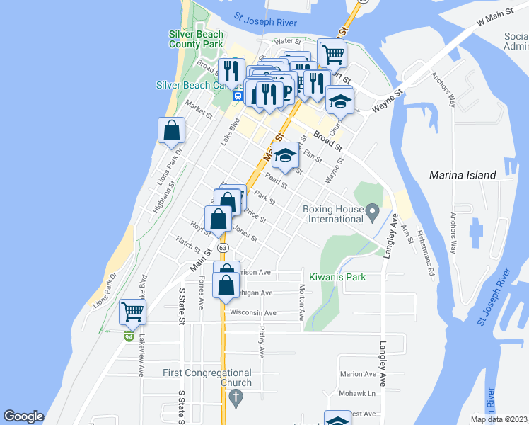 map of restaurants, bars, coffee shops, grocery stores, and more near 815 Court Street in St. Joseph