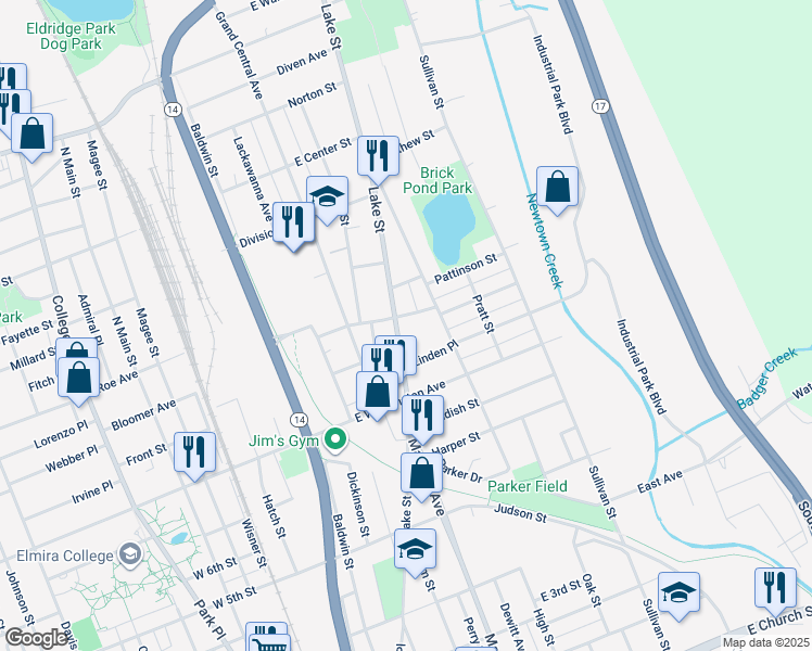 map of restaurants, bars, coffee shops, grocery stores, and more near 958 Lake Street in Elmira