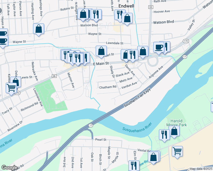 map of restaurants, bars, coffee shops, grocery stores, and more near 3121 Chatham Road in Endicott