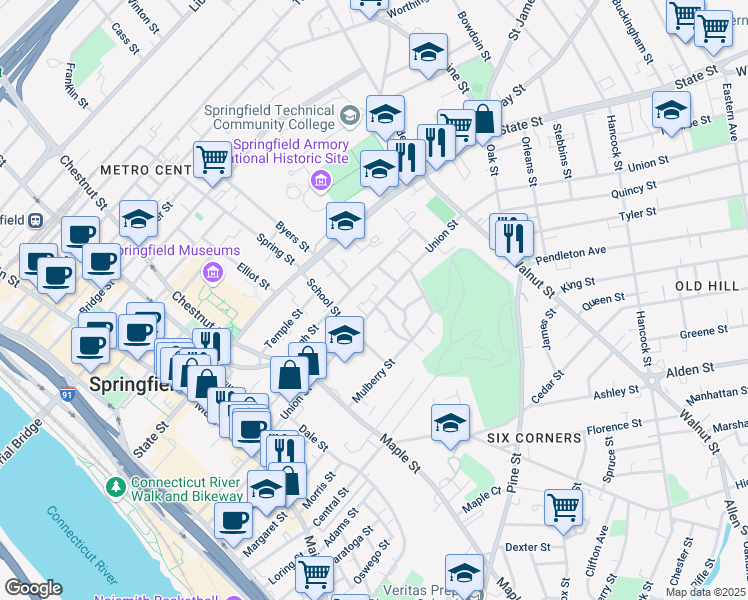 map of restaurants, bars, coffee shops, grocery stores, and more near 316 Union Street in Springfield