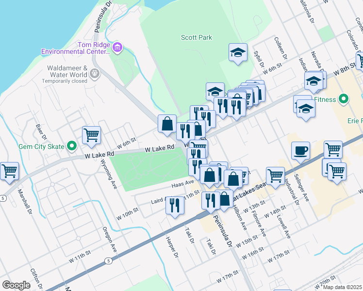 map of restaurants, bars, coffee shops, grocery stores, and more near in Erie County