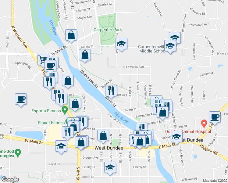 map of restaurants, bars, coffee shops, grocery stores, and more near 14 Lincoln Avenue in East Dundee