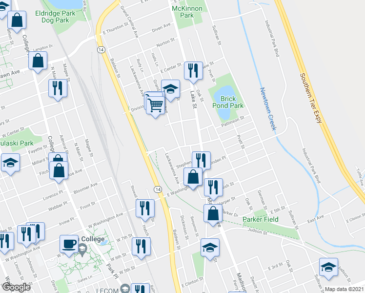 map of restaurants, bars, coffee shops, grocery stores, and more near Maxwell Place in Elmira