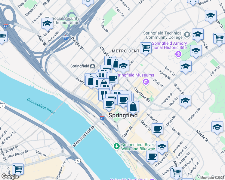 map of restaurants, bars, coffee shops, grocery stores, and more near 1500 Main Street in Springfield