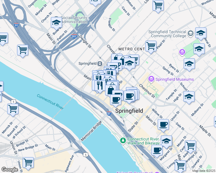 map of restaurants, bars, coffee shops, grocery stores, and more near 1500 Main Street in Springfield