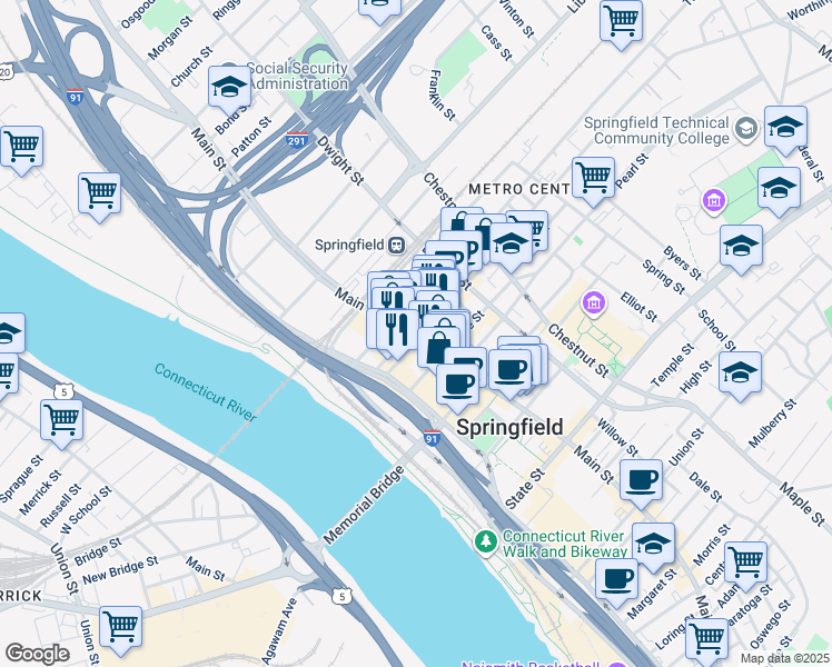 map of restaurants, bars, coffee shops, grocery stores, and more near 1500 Main Street in Springfield