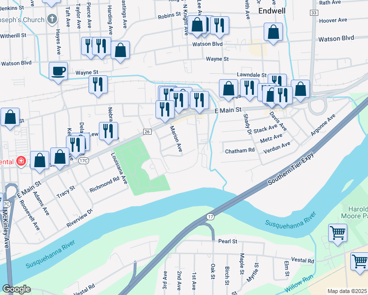 map of restaurants, bars, coffee shops, grocery stores, and more near 328 Marion Avenue in Endicott