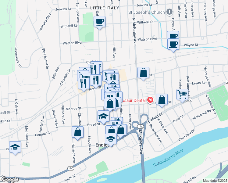 map of restaurants, bars, coffee shops, grocery stores, and more near 32-36 Washington Avenue in Endicott