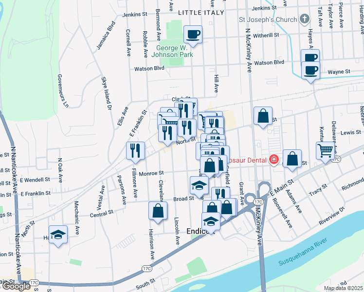 map of restaurants, bars, coffee shops, grocery stores, and more near 9 Lincoln Avenue in Endicott